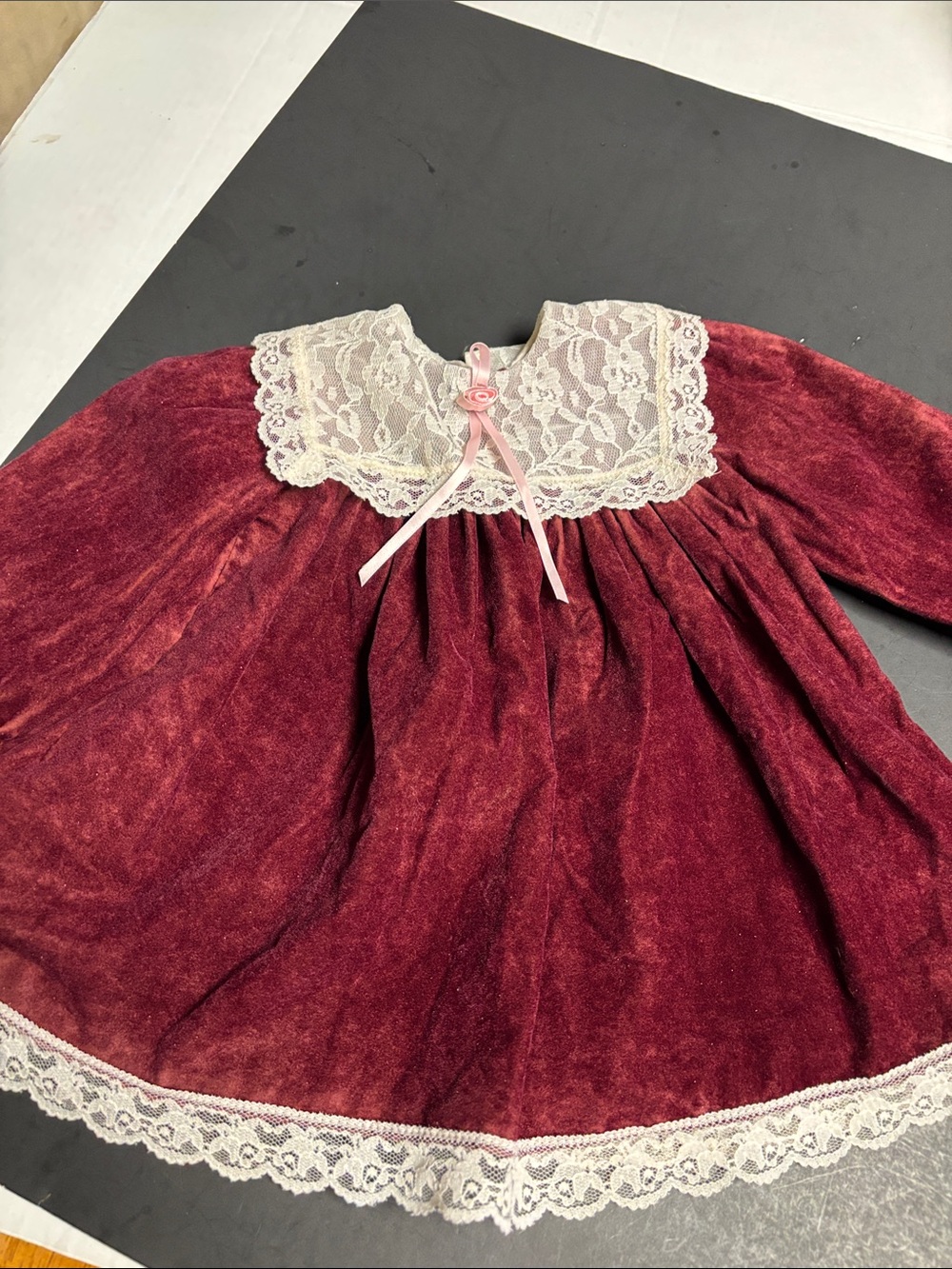 VINTAGE Girls' Burgundy Velvet Lace-Trim Formal Dress